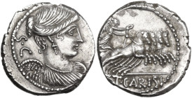 T. Carisius. AR Denarius, 46 BC. Obv. Bust of Victory right; behind, SC. Rev. Victory in quadriga right; in exergue, T. CARISI. Cr. 464/5; B. 3. AR. 3...