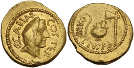 Julius Caesar. AV Aureus, 46 BC. Rome mint; Aulus Hirtius, praetor. Obv. C. CAESAR COS. TER. Veiled female head (Vesta or Pietas?) right. Rev. Emblems...