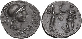 Cn. Pompeius Magnus with M. Poblicius. AR Denarius, Spain, 46-45 BC. Obv. Head of Roma right, wearing Corinthian helmet; before, M·POBLICI·LEG·PRO; be...