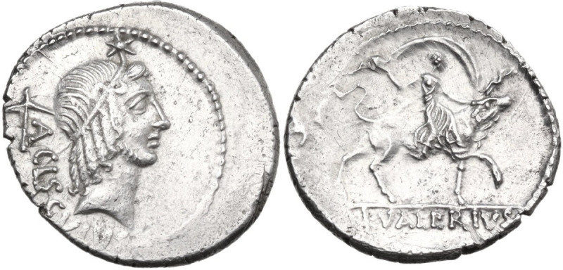 L. Valerius Acisculus. AR Denarius, Rome mint, 45 BC. Obv. Head of Apollo right,...