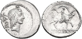 L. Valerius Acisculus. AR Denarius, Rome mint, 45 BC. Obv. Head of Apollo right, hair tied with band; above, star; on the left, acisculus and ACISCVLV...