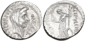 Julius Caesar. AR Denarius, 44 BC, P. Sepullius Macer moneyer. Obv. CAESAR DICT PERPETVO. Laureate and veiled head of Caesar right. Rev. SEPVLLIVS MAC...