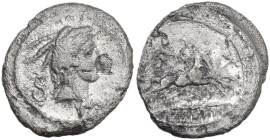 M. Mettius. AR Quinarius, 44 BC. Obv. Head of Juno Sospita right; behind, coiled snake. Rev. Victory in prancing biga right, holding reins and whip; i...