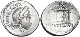 Petillius Capitolinus. AR Denarius, Rome mint, 43 B.C. Obv. Head of Jupiter right; on the left, CAPITOLINVS. Rev. Hexastyle Capitoline Temple of Jupit...