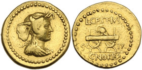 L. Cestius and C. Norbanus. AV Aureus. Rome mint, January-April 43 BC. Obv. Draped bust of Africa right, wearing elephant skin headdress. Rev. Corinth...