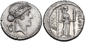 P. Clodius. AR Denarius, Rome mint, 42 BC. Obv. Laureate head of Apollo right; on the left, lyre. Rev. Diana standing right, with bow and quiver over ...