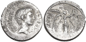 Octavian with L. Livineius Regulus. AR Denarius 42 BC, Rome. Obv. Head of Octavian to right. Rev. Victory standing to right, palm branch over left sho...