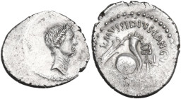 Julius Caesar. AR Denarius, L. Mussidius Longus moneyer, 42 BC. Obv. Laureate head of Caesar right. Rev. L. MVSSIDIVS LONGV[S] Rudder, cornucopiae on ...