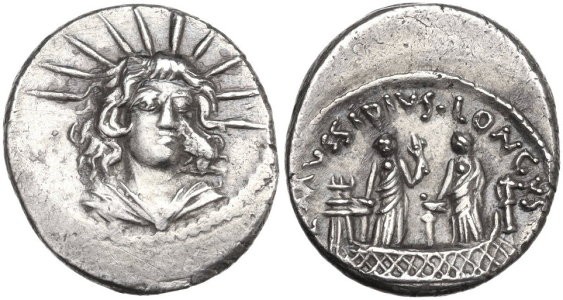 L. Mussidius Longus. AR Denarius, Rome mint, 42 BC. Obv. Draped and radiate bust...