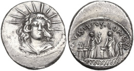 L. Mussidius Longus. AR Denarius, Rome mint, 42 BC. Obv. Draped and radiate bust of Sol facing. Rev. Shrine of Venus Cloacina, [inscribed CLOACIN]; ab...