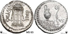 C. Cassius and Lentulus Spinther. AR Denarius, 43-42 BC, mint moving with Brutus and Cassius. Obv. C. CASSI IMP. Tripod with Cortina, decorated with t...