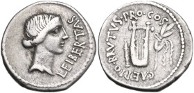 Q. Caepio Brutus. AR Denarius, 43-42 BC, mint moving with Brutus. Obv. LEIBERTAS. Head of Liberty right. Rev. CAEPIO BRVTVS PRO. COS. Plectrum, lyre a...