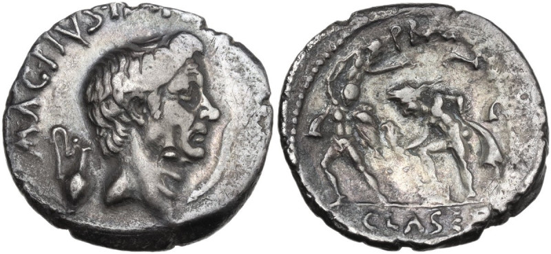 Sextus Pompeius . AR Denarius, 37-36 BC. Sicily. Obv. MAG PIVS IM[P ITER] Head o...