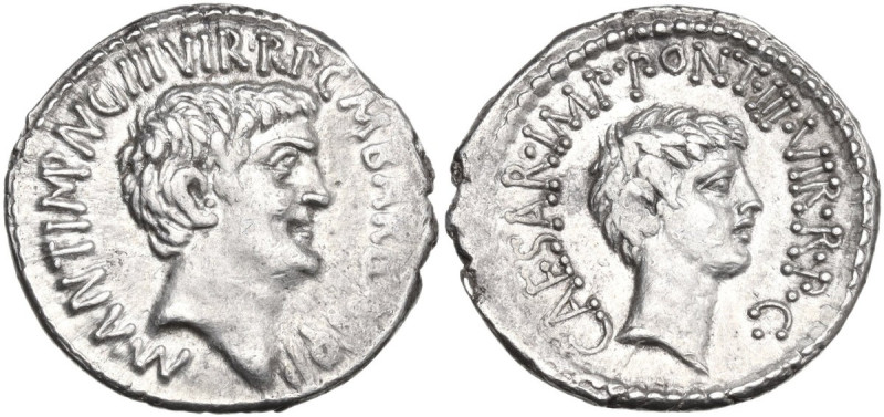 The Triumvirs. Mark Antony and Octavian. AR Denarius. Spring-early summer 41 BC....