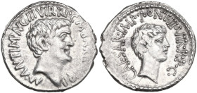 The Triumvirs. Mark Antony and Octavian. AR Denarius. Spring-early summer 41 BC. Ephesus mint; M. Barbatius Pollio, quaestor pro praetore. Obv. M. ANT...