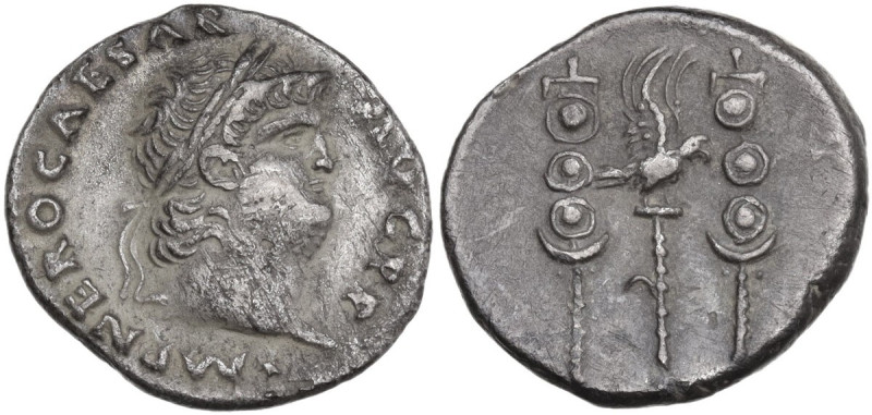 Nero (54-68). AR Denarius, struck 68 AD. Obv. IMP NERO CAESAR AVG PP. Laureate h...