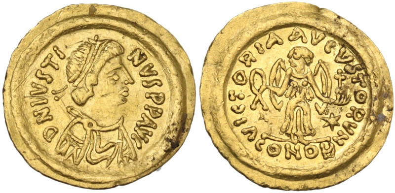 Justin II (565-578). AV Tremissis, Ravenna mint. Obv. DN IVSTINVS PP AVC. Pearl-...