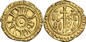 Messina o Palermo. Ruggero II (1105-1154). Tarì, dopo il 1140. D/ Legenda circolare, sul primo giro: il re Ruggero esaltato da Dio; sul secondo, indic...