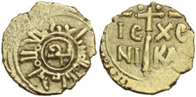 Messina o Palermo. Guglielmo II (1166-1189). Tarì. D/ Monogramma circondato da legenda pseudo cufica. R/ Grande croce processionale accontanata dalle ...