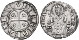 Milano. Prima Repubblica (1250-1310). Ambrosino ridotto da 8 denari. D/ Croce patente accantonata da trifogli. R/ Sant'Ambrogio nimbato con tiara di f...