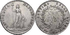 Napoli. Repubblica Partenopea (23 gennaio-19 giugno 1799). 12 carlini A. VII. D/ La Libertà in piedi drappeggiata volta a destra tiene con la destra l...