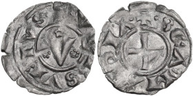 Orvieto. Repubblica autonoma (1256-1265). Denaro. D/ Grande V accostata da tre rosette. R/ Croce patente. CNI 1/6. MI. 0.51 g. 16.00 mm. RR. Di ottima...