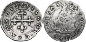 Pisa. Seconda Repubblica (1495-1509). Testone. D/ Croce pisana. R/ La Beata Vergine, senza nimbo, velata e coronata a tre fioroni, seduta in trono di ...