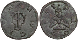 Reggio Emilia. Anonime attribuite ad Alfonso I d'Este (1523-1534). Bagattino. D/ Stemma di Reggio Emilia. R/ Busto frontale di San Prospero. CNI 1/22;...