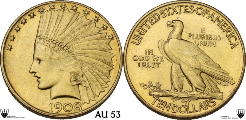 USA. AV 10 dollars 1908, indian head - eagle. KM 130; Fried. 166. AV. 16.79 g. 2...