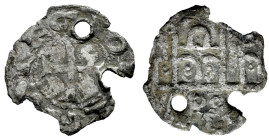 Kingdom of Castille and Leon. Alfonso VII (1126-1157). Dinero. Leon. (Bautista-72). Ve. 0,55 g. Roundel above LEO. Planchet break. Holed. Of the highe...