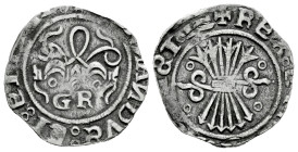 Catholic Kings (1474-1504). 1/2 real. Granada. Letter R closed. (Cal-238 var.). Ag. 1,55 g. GR only with roundels above. The letters N and S of the le...