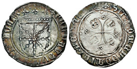 Ferdinand II (1479-1516). 1 real. Pamplona. (Cal-69). (Ros-4.1.10). Anv.: ...NAVAR.. Ag. 3,33 g. F en 2º y 3º cuartel. VF. Est...250,00. 

Spanish d...