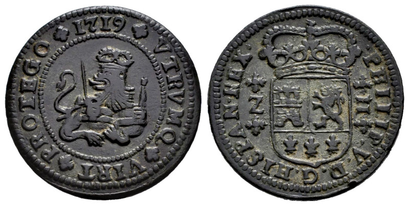 Philip V (1700-1746). 2 maravedis. 1719. Zaragoza. (Cal-80). Ae. 4,20 g. Choice ...