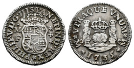 Philip V (1700-1746). 1/2 real. 1735. Mexico. MF. (Cal-254). Ag. 1,63 g. Choice VF. Est...70,00. 

Spanish description: Felipe V (1700-1746). 1/2 re...