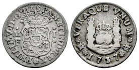 Philip V (1700-1746). 1 real. 1737. Mexico. MF. (Cal-512). Ag. 3,20 g. Almost VF. Est...50,00. 

Spanish description: Felipe V (1700-1746). 1 real. ...