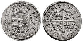 Philip V (1700-1746). 1 real. 1721. Segovia. F. (Cal-623). Ag. 2,98 g. Almost XF. Est...70,00. 

Spanish description: Felipe V (1700-1746). 1 real. ...