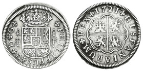 Philip V (1700-1746). 1 real. 1721. Segovia. F. (Cal-623). Ag. 2,83 g. Choice VF/VF. Est...80,00. 

Spanish description: Felipe V (1700-1746). 1 rea...