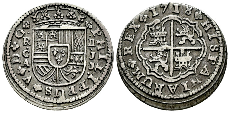 Philip V (1700-1746). 2 reales. 1718. Cuenca. JJ. (Cal-670). Ag. 5,51 g. Choice ...