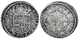 Philip V (1700-1746). 2 reales. 1721. Cuenca. JJ. (Cal-671). Ag. 5,71 g. VF/Almost VF. Est...50,00. 

Spanish description: Felipe V (1700-1746). 2 r...