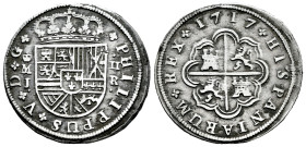 Philip V (1700-1746). 2 reales. 1717. Madrid. J. (Cal-770). Ag. 5,15 g. Choice VF. Est...90,00. 

Spanish description: Felipe V (1700-1746). 2 reale...