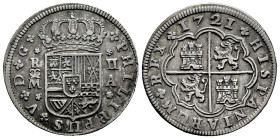 Philip V (1700-1746). 2 reales. 1721. Madrid. A. (Cal-774). Ag. 5,14 g. Lions with crown. Patina. Wavy flan. Choice VF. Est...50,00. 

Spanish descr...