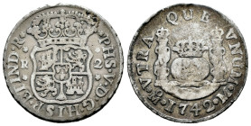 Philip V (1700-1746). 2 reales. 1742. Mexico. M. (Cal-826). Ag. 6,31 g. Edge filed at 12 o´clock. Choice F. Est...35,00. 

Spanish description: Feli...