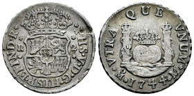 Philip V (1700-1746). 2 reales. 1744/3. Mexico. M. (Cal-830). Ag. 6,64 g. Minor nicks. Toned. Overdate. VF. Est...80,00. 

Spanish description: Feli...