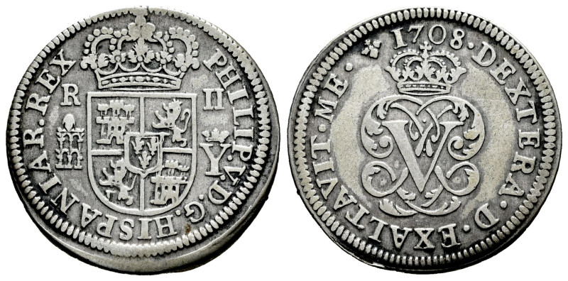 Philip V (1700-1746). 2 reales. 1708. Segovia. (Cal-940). Ag. 5,52 g. Right palm...