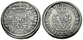 Philip V (1700-1746). 2 reales. 1708. Segovia. (Cal-940). Ag. 5,52 g. Right palm above left palm. VF. Est...150,00. 

Spanish description: Felipe V ...