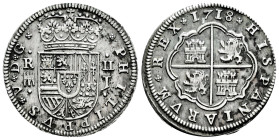 Philip V (1700-1746). 2 reales. 1718. Segovia. J. (Cal-945). Ag. 6,50 g. Aqueduct with one row of two arches. Almost XF. Est...170,00. 

Spanish des...