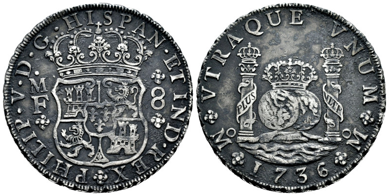 Philip V (1700-1746). 8 reales. 1736. Mexico. MF. (Cal-1445). Ag. 26,92 g. Patin...