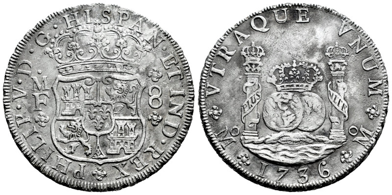 Philip V (1700-1746). 8 reales. 1736. Mexico. MF. (Cal-1445). Ag. 26,22 g. Clean...