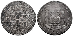 Philip V (1700-1746). 8 reales. 1738. Mexico. MF. (Cal-1449). Ag. 26,73 g. Minor cleaned deposits. Toned. Choice VF. Est...400,00. 

Spanish descrip...