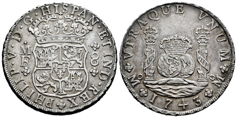 Philip V (1700-1746). 8 reales. 1743. Mexico. MF. (Cal-1463). Ag. 26,97 g. Old c...